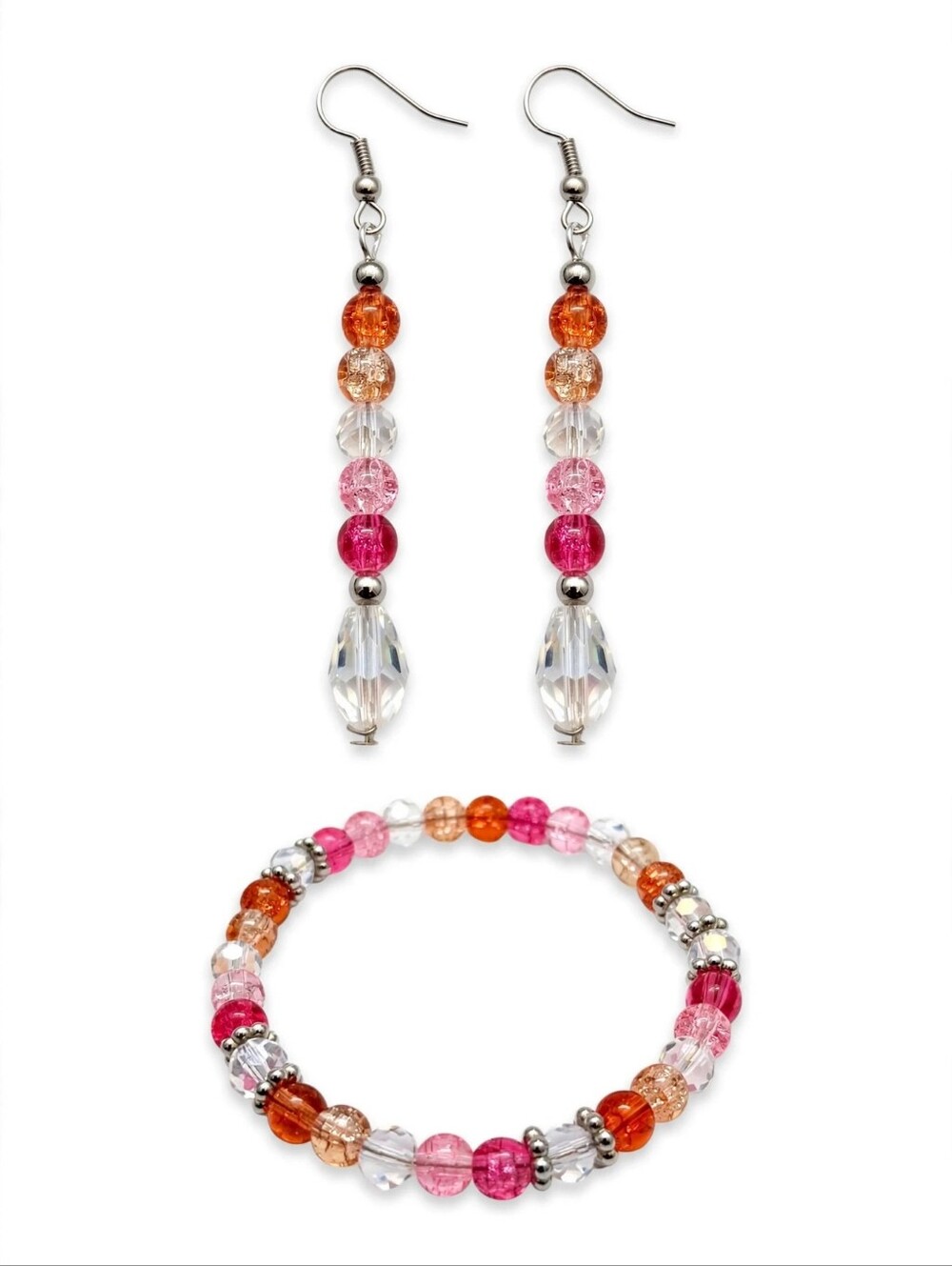 Glass Bead Hoop Earrings and Bracelet Set - Pink & Orange